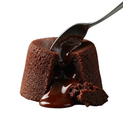 Molten chocolate lava cake cut by silver spoon, revealing glistening dark chocolate, steam, transparent studio, high-contrast lighting. Indulgent dessert concept