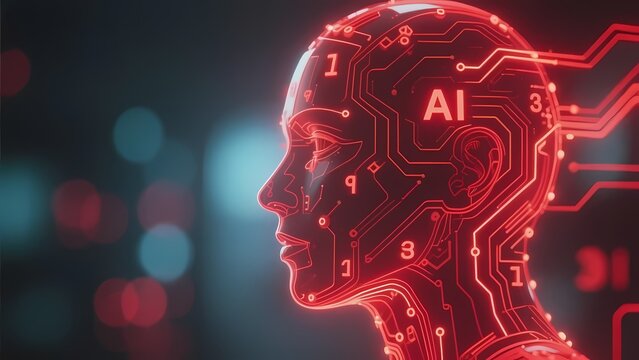 Digital human head with AI circuitry and glowing red neural pathways