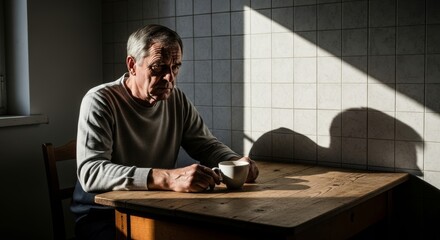 A contemplative elderly man sits with a coffee cup at a wooden table in a sunlit room, casting shadows on tiled walls. Ideal for themes of solitude, aging, and peaceful moments.