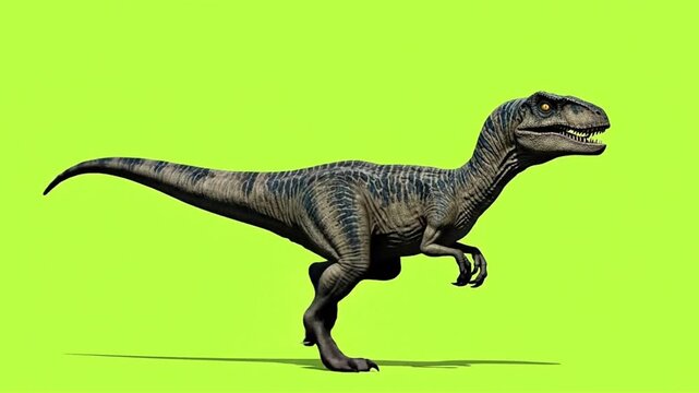 A realistic 3D render of a Velociraptor dinosaur with striped skin, standing against a bright green background.