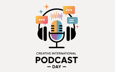 Vibrant Podcast Logo: Headphones, Microphone, Speech Bubbles, Modern Design, International Podcast Day