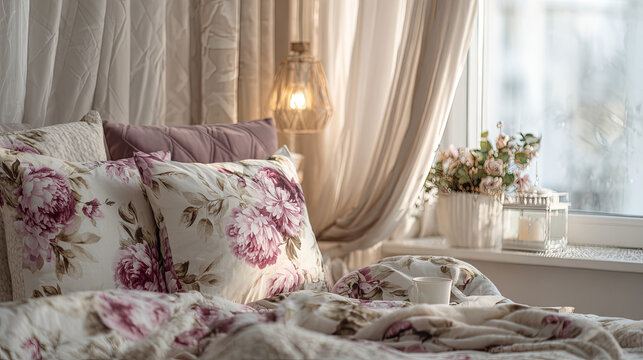 Soft sunlight filtering through bedroom window, highlighting floral pillows and hanging lamp, casting warm, tranquil glow across intimate living space - Powered by Adobe