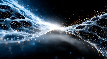 glowing abstract mesh with particles stretches across a dark futuristic background.
