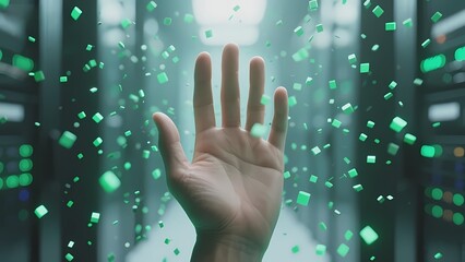 Hand reaching toward floating green digital cubes in a server room environment