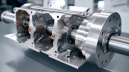 detailed metallic mechanical structure with shafts and mounts is shown up close.