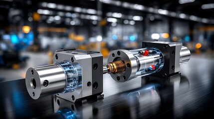 Shiny transparent mechanical cylinders with gears are displayed on a reflective surface in a factory
