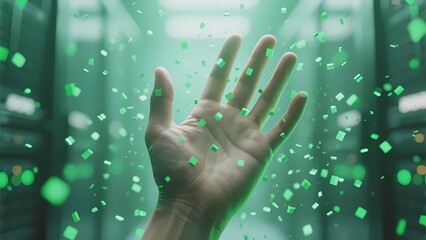 A hand reaching out amidst floating green digital particles in a server room environment