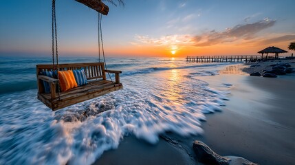 wooden swing with colorful pillows hangs above the waves on a beach at sunset.