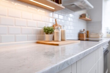 Tidy and clean countertop of a contemporary kitchen with soft, warm lighting