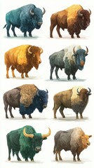Fototapeta premium Various stylized bison illustrations showcasing different colors and textures in a creative arrangement