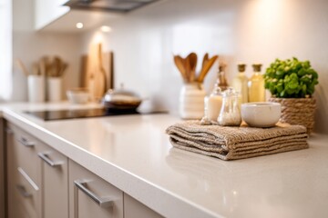Clean and tidy countertop of a modern kitchen with blurry background