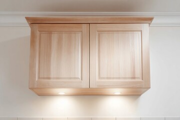 Closed and empty wall cabinet in a well-lit kitchen, warm lighting