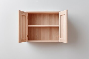 Wooden wall cabinet in natural lighting and open doors