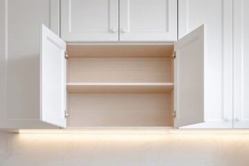 White, clean and empty kitchen wall cabinet with open doors