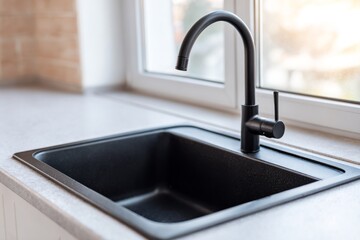 Black kitchen sink in natural daylight on a tidy counter
