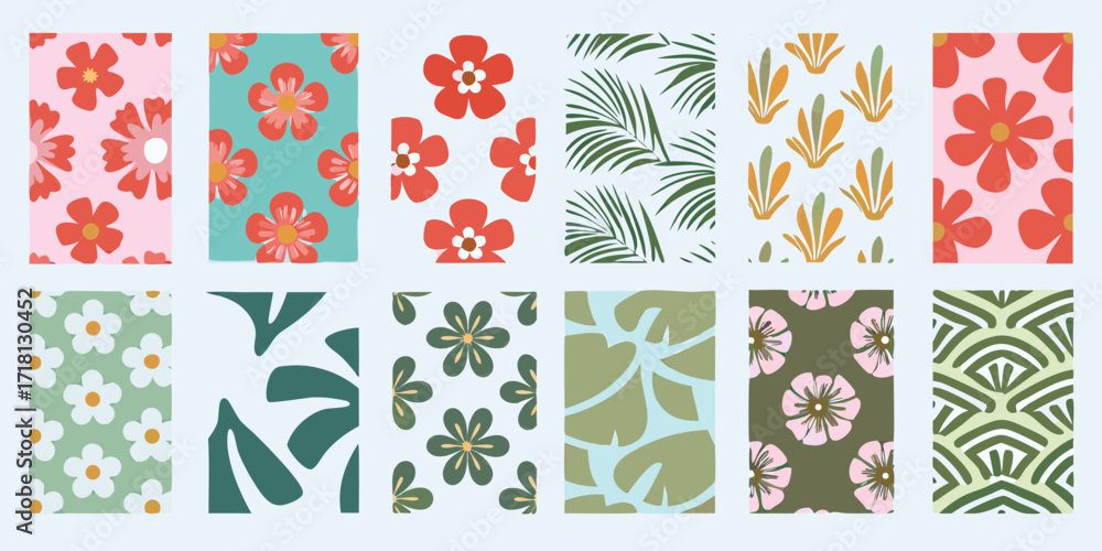 Poster collection of twelve vibrant and colorful floral and botanical seamless patterns for design
