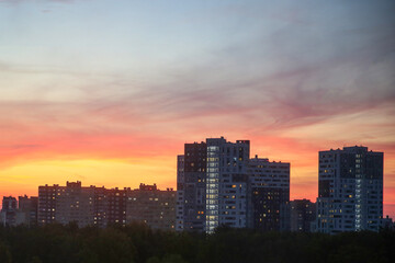 Moscow, Russia, September 21, 2025. Sunset in the Kommunarka residential district.