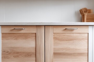 Closeup view of kitchen cabinet doors and handles