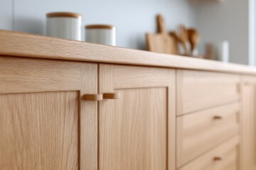 Wooden kitchen cabinet doors and handles closeup