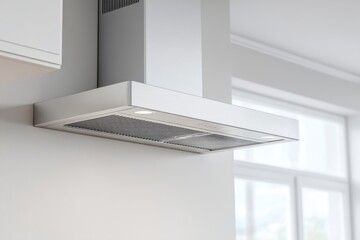 Clean, modern range hood made of polished metal in a bright kitchen