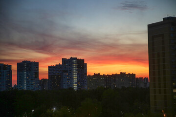 Moscow, Russia, September 21, 2025. Sunset in the Kommunarka residential district.