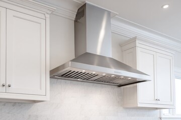Range hood made of polished stainless steel in a white kitchen