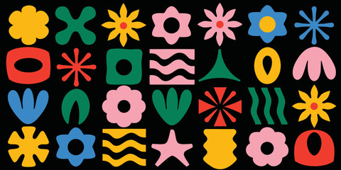 Abstract retro geometric shapes and flowers in bold colors on black background