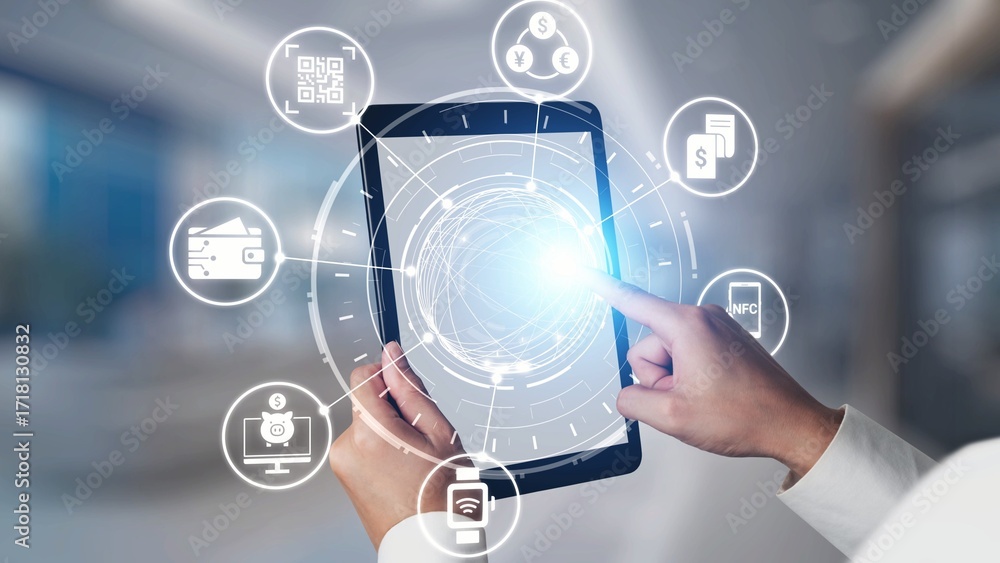 Poster digital wallet icons show mobile payment, digital wallet transfer, and online banking. digital walle