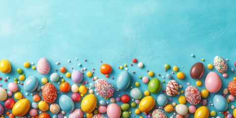 Colorful assortment of Easter candies and eggs on blue background ideal for festive celebrations and decorations