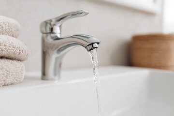 Macro view of a faucet with water on bathroom sink