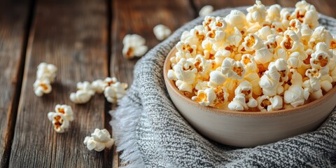 Freshly popped popcorn served in a bowl on a rustic wooden table with a cozy blanket