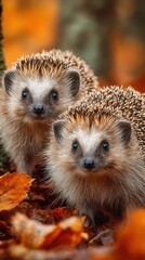 Two hedgehogs explore a vibrant autumn landscape filled with fallen leaves in the forest
