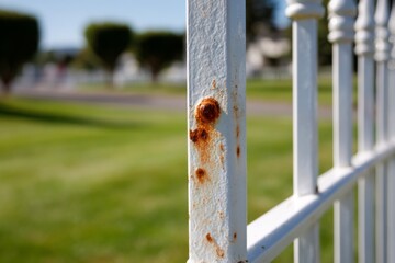 Partial corrosion on white metal fence in front of blurry background