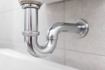 Metallic P-trap under sink in tiled bathroom