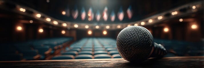 Quiet anticipation fills the theater before the performance begins with the microphone ready for the speaker