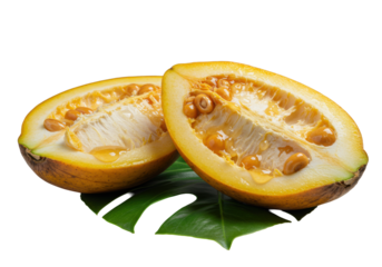 A perfectly ripe Monstera deliciosa fruit, cut in half, revealing glistening yellow-orange pulp with oozing nectar on a glossy green leaf, studio shot against transparent background. Concept of