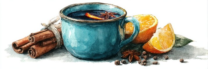 Warm beverages featuring a blue cup filled with spiced drink, orange slices, and cinnamon sticks on a light background
