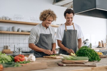 Two smiling man in professional kitchen chopping vegetables