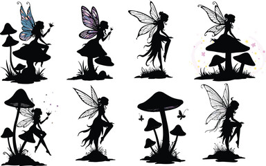 Cartoon Fairy Silhouette Icons with Wings, Mushrooms, Butterflies, Stars, Grass, Magical Poses, Whimsical Nature Theme, and Fantasy Charm