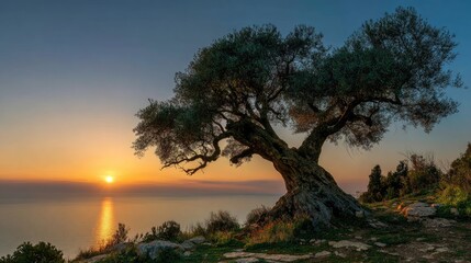 Majestic olive tree at sunrise over the sea