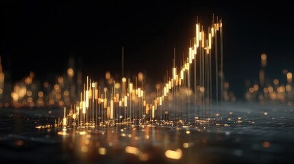 Glowing Golden Candlestick Chart Ascending in Dark Digital Landscape