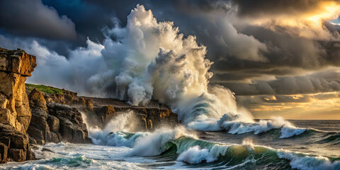 Fototapeta premium Large waves surge violently against rugged cliffs as dark clouds gather in the sky during an intense storm. The scene captures the raw power of nature at dusk