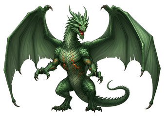 Fototapeta premium A formidable, emerald-green dragon, with detailed scales and powerful wings, commands attention against a stark black backdrop.