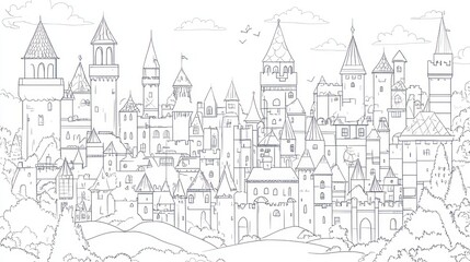 Fantasy cityscape line drawing