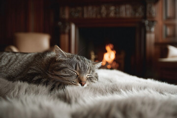 Serene portrait of a tabby cat sleeping peacefully on a soft rug, a warm fire burning in the background. Evokes feelings of coziness, comfort, and relaxation.