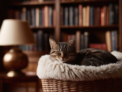 Serene tabby cat asleep in a cozy bed, set against a backdrop of a warm library. Evokes comfort, relaxation, and a love of home. Ideal for lifestyle or pet content. - Powered by Adobe