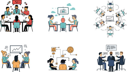 Obraz premium Business meeting illustration set, teamwork and collaboration, data analysis, strategy planning, office communication, professional discussion, workflow presentation, vector pack