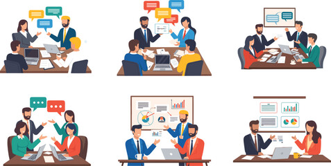 Business meeting illustration set, office discussion scenes, teamwork, data presentation, collaboration, speech bubbles, charts and graphs, professional workspace, strategy