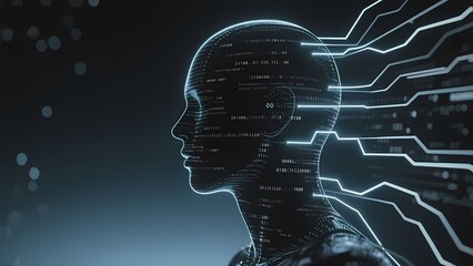 Obraz premium Digital human head with circuitry and data streams, illustrating artificial intelligence and neural networks