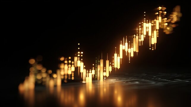 Glowing golden candlestick chart showing upward financial growth on a dark background.